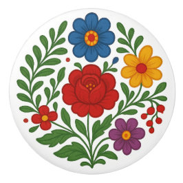 Hungarian Kalocsa Floral Folk Art Ceramic Knob Knopp