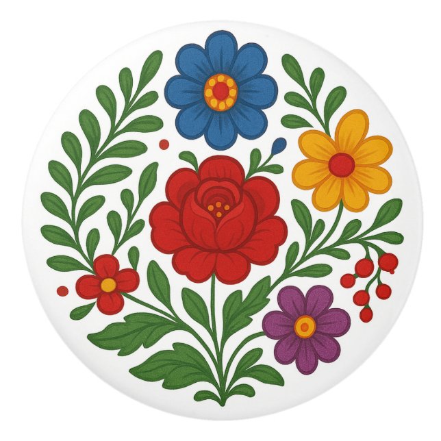 Hungarian Kalocsa Floral Folk Art Ceramic Knob Knopp (Framsidan)