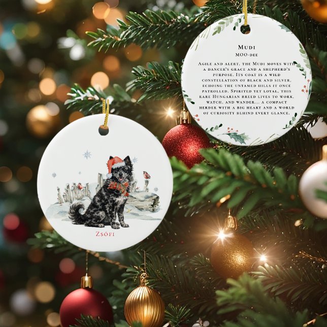 Hungarian Mudi Dog Watercolor Monogram Julgransprydnad Keramik (Skapare uppladdad)