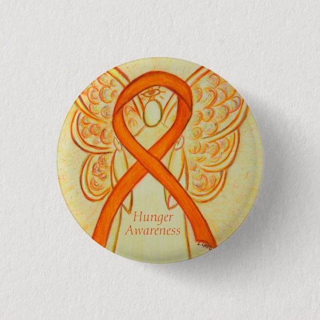 Hungrig Orange Awareness Angel Ribbon Pin Knapp (Framsida)