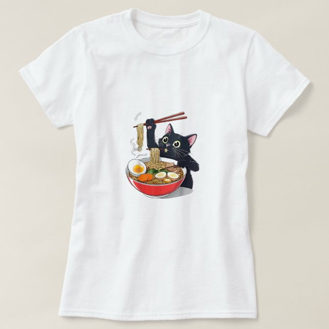 "Hungrig svart katt med ramen" T Shirt (Design framsida)