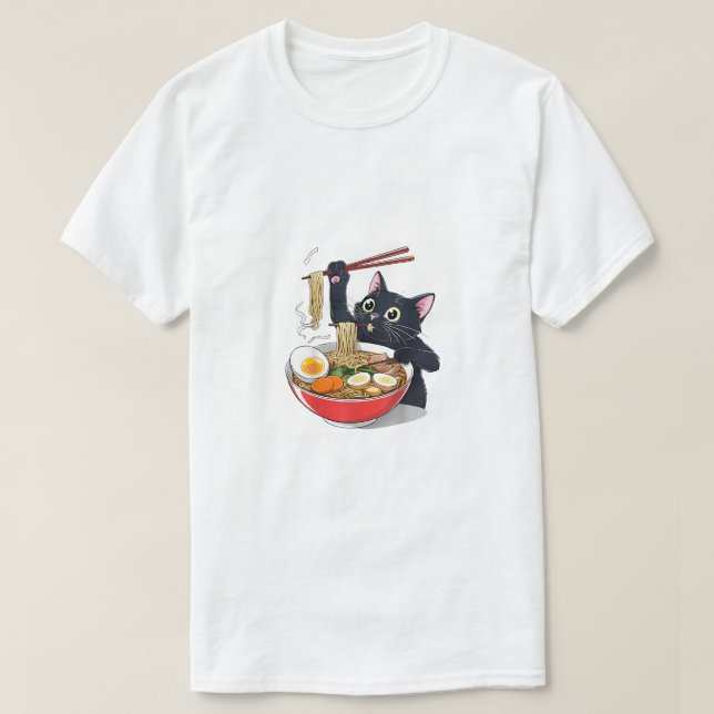 "Hungrig svart katt med ramen" T Shirt (Design framsida)