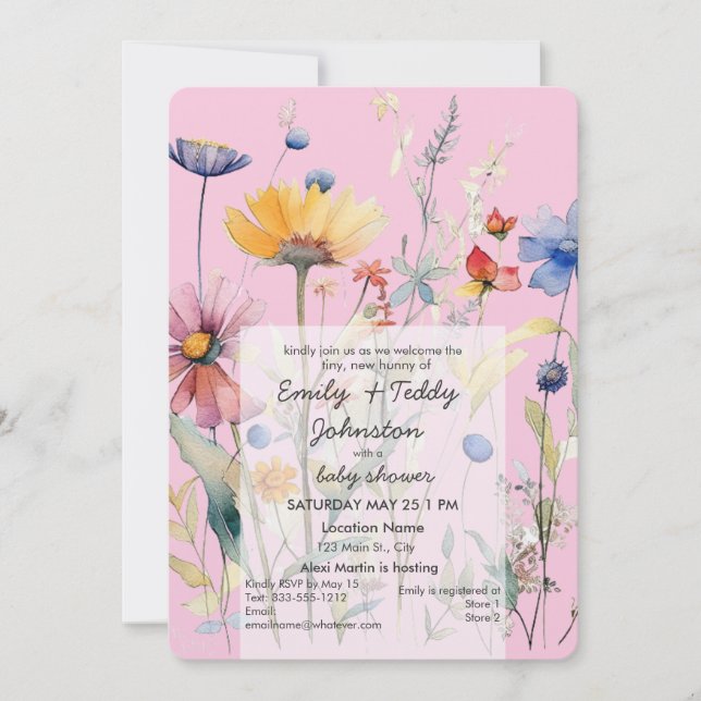 "Hunny" Wildblomme Pastel Rosa Girl Baby Shower Inbjudningar (Framsida)