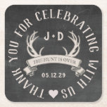 Hunt är över bröllopets favoritruta för Personlig Underlägg Papper Kvadrat<br><div class="desc">"TACK FÖR ATT KUNNA KUNNA BLI MED OSS!" Rustic Chalkboard Antlers Wedding Favor Party Papper Underlägg. Lägg till parets namn och datum. Anpassa den eller klicka på knappen "anpassa" för att få alla redigeringsalternativ. För frågor och anpassningsbar klickar du på "kontakta" och lämnar ett meddelande till oss. **Koordinerade mallar finns...</div>
