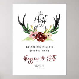Hunt är Över Rustic Antler Burgundy Blommigt Bröll Poster