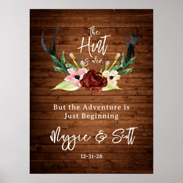 Hunt är Över Rustic Antler Burgundy Blommigt Bröll Poster (Framsidan)