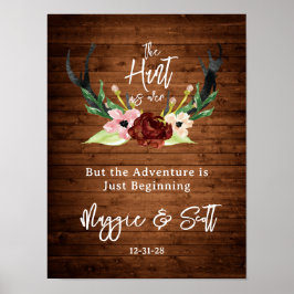 Hunt är Över Rustic Antler Burgundy Blommigt Bröll Poster