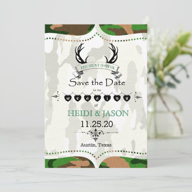 "Hunt är över" Rustic Camo Photo Spara datumet (Stående Fram)