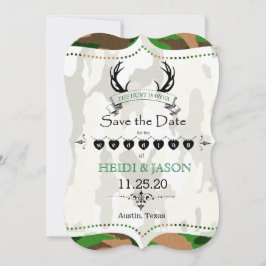 "Hunt är över" Rustic Camo Photo Spara datumet