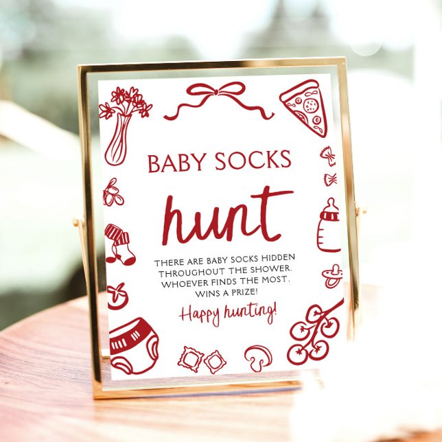 Hunt Baby Shower för Babyarna sockel i hand plocka Poster (Hand Drawn Italian Baby Socks Hunt Baby Shower Sign)
