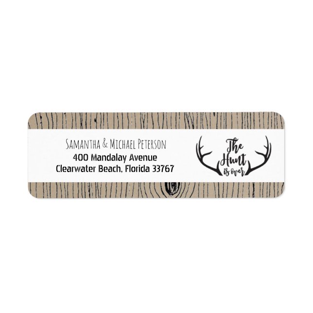 "Hunt is Over" Rustic Antler Barnwood Bröllop Returadress Etikett (Framsidan)