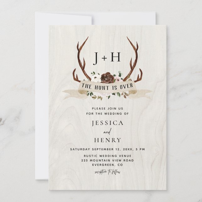 Hunt is Over Rustic Antlers QR Code Wedding  Inbjudningar (Framsida)