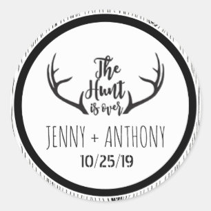 "Hunt is over" Rustic Barnwood Spara datumförsegli Runt Klistermärke
