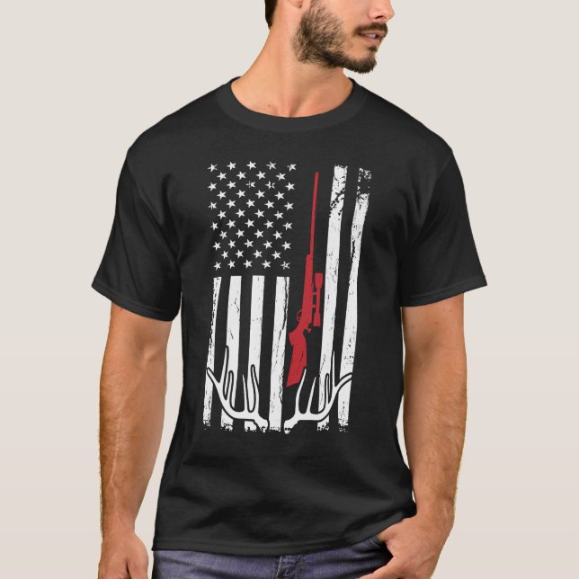 Hunter American Flagga USA Hunting Hjort Gift T Shirt (Framsida)