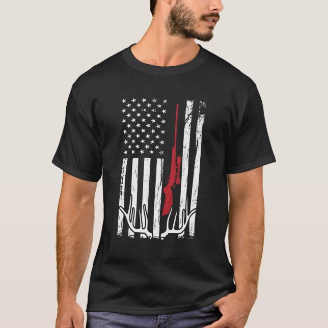 Hunter American Flagga Usa Hunting Hjort T Shirt (Framsida)