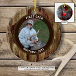 Hunter FÖRST HJORT Photo Brown Camouflage Julgransprydnad Keramik<br><div class="desc">Hunters personlig av ORENTERAT-HJORT med foto och namn/datum på framsidan och ett fullt-utfall på baksidan av det dekorerade stil som visas (observera att alla prydnadsföremål stilar som erbjuds inte har foton på baksidan). Kamouflage mönster. All text är redigerbar så att du kan ändra rubriken efter behov. PHOTO TIP: För snabbaste/bästa...</div>