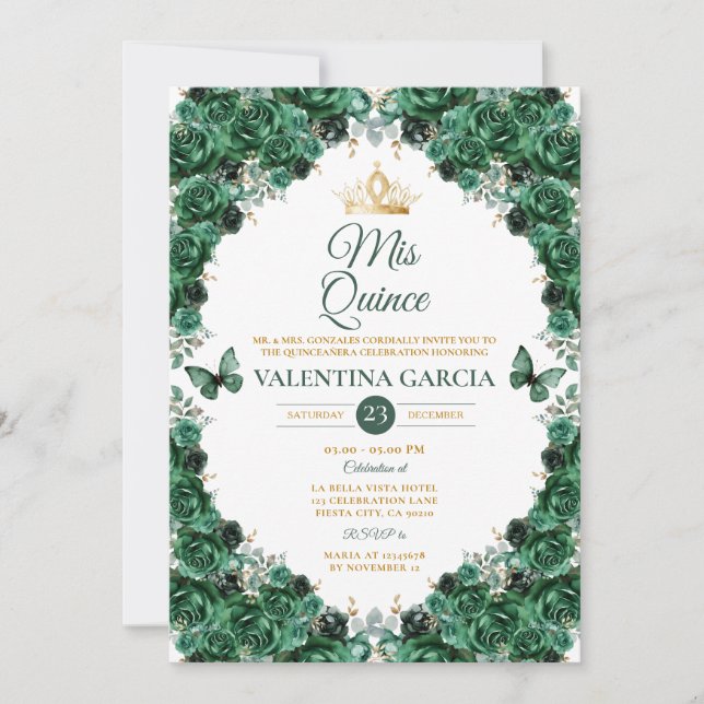 Hunter Green Quinceañera 15 Anos Floral Gold Crown Inbjudningar (Framsida)