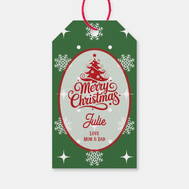 Hunter Green Snowflakes Christmas Presentetikett (Baksidan)