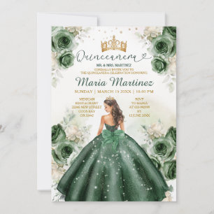 Hunter Grönt Blommigt Princess Guld Quiñceanera Inbjudningar