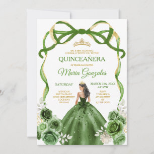 Hunter Grönt Bow Princess Guld Krona Quinceañera Inbjudningar
