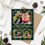 Hunter Grönt Buffalo Play jul Photo Collage<br><div class="desc">Modern och festiv plaid-helgdag-kort har en kollage av tre foton som är framtagna av gräns och accents av äkta guld-folie och handmålad grönt för vattenfärgshjägare och svart buffelbaksida som är mönstrad. Anpassa anpassningsbarna "God jul" med den ordalydelse du föredrar, familjen namn och året. Kortets baksida innehåller ytterligare ett foto med...</div>