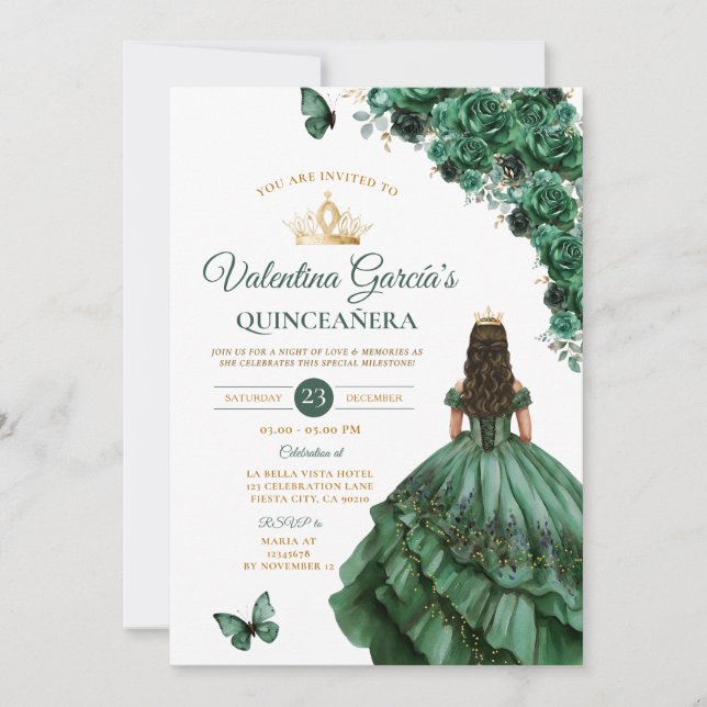 Hunter Grönt Dress Quinceañera 15 Anos Blommigt Gu Inbjudningar (Framsida)