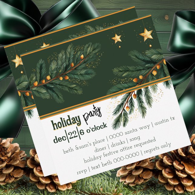 Hunter Grönt Gräs och Guld Stars Party (Festive Holiday Party invitation with holiday tree branches and gold Christmas stars )