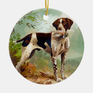 Hunter hund med fågel i munnen julgransprydnad keramik