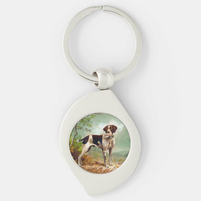 Hunter hund med fågel i munnen swirl silverfärgad nyckelring (Framsidan)