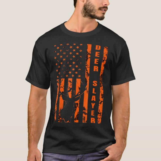 Hunter Orange Camo American Flagga Hjort Sayer Hun T Shirt (Framsida)