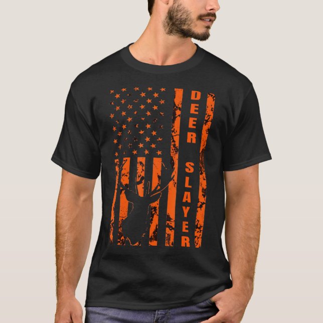 Hunter Orange Camo American Flagga Hjort Sayer Hun T Shirt (Framsida)