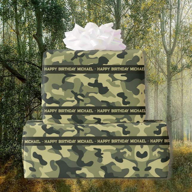 Hunter Skogen Camo Add Text & Namn Birthday Presentpapper (Skapare uppladdad)