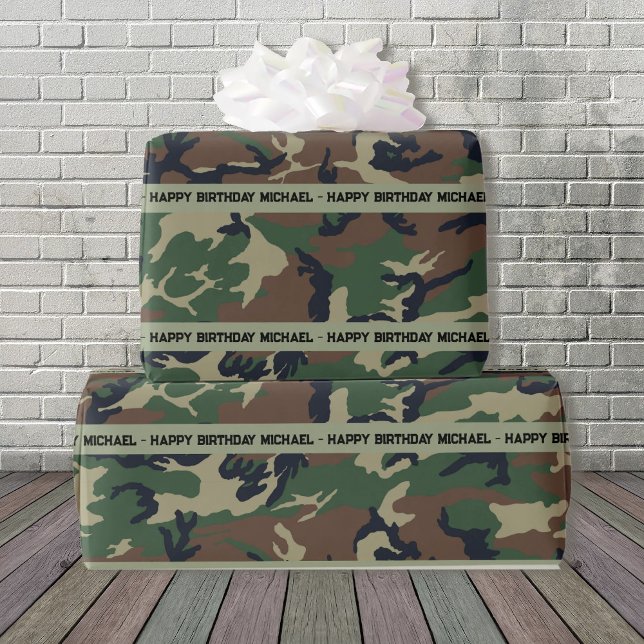 Hunter Skogen Camo Add Text & Namn Birthday Presentpapper (Skapare uppladdad)
