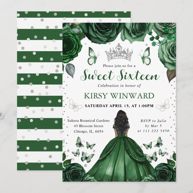 Hunters Grönt Dress Mörk Skin Princess Sweet 16 Inbjudningar (Fram/baksida)