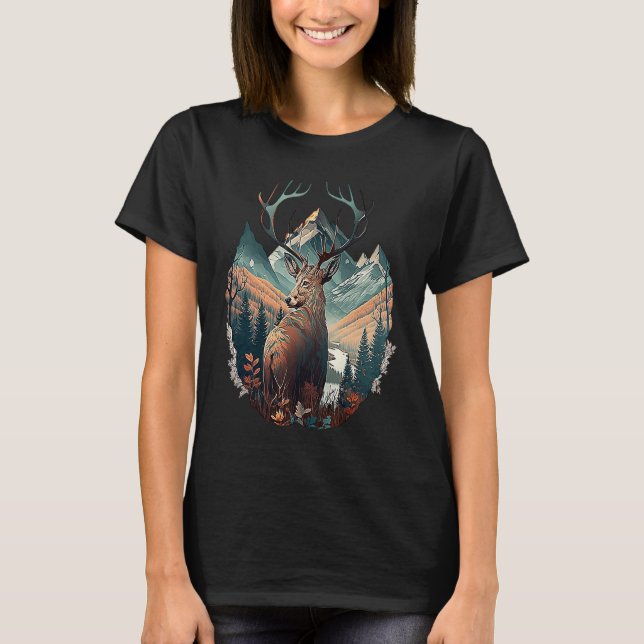 Hunter's Haven Epic Deer Standing In Mountain View T Shirt (Framsida)