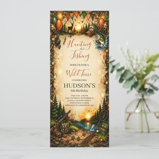 Hunting and Fishing Camo Boy birthday Invitation Inbjudningar (Stående Fram)