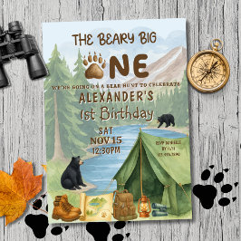 Hunting Camping Beary First Boy 1st Birthday Inbjudningar