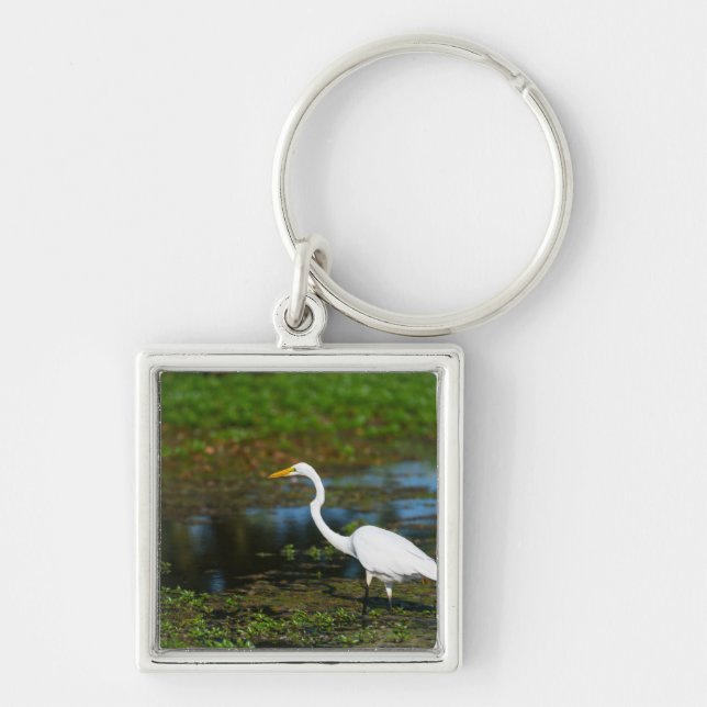 Hunting Egret Fyrkantig Silverfärgad Nyckelring (Framsidan)