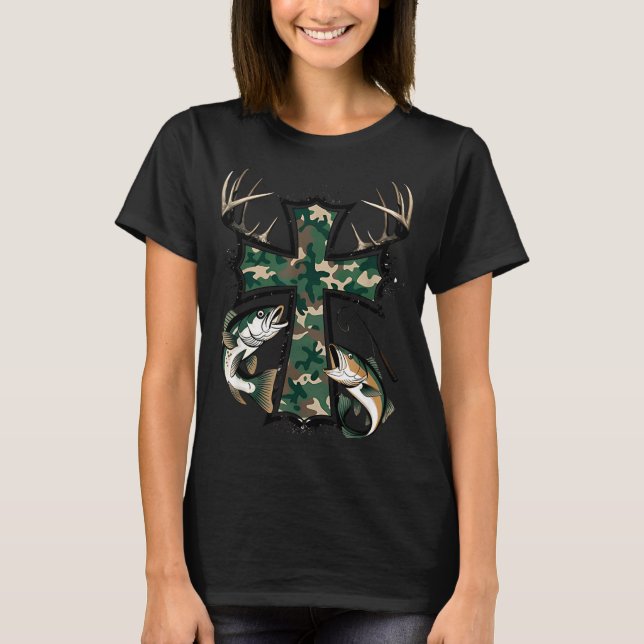 Hunting Fishing Faith - Christian Hunter Fisherman T Shirt (Framsida)