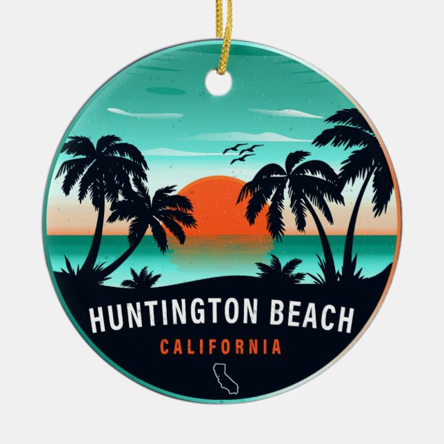 Huntington Beach California Retro Sunset Souvenirs Julgransprydnad Keramik (Framsidan)