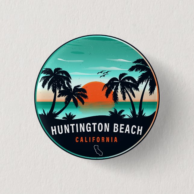 Huntington Beach California Retro Sunset Souvenirs Knapp (Framsida)