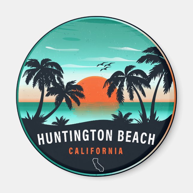 Huntington Beach California Retro Sunset Souvenirs Magnet (Framsidan)
