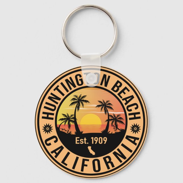 Huntington Beach California Retro Sunset Souvenirs Nyckelring (Framsida)