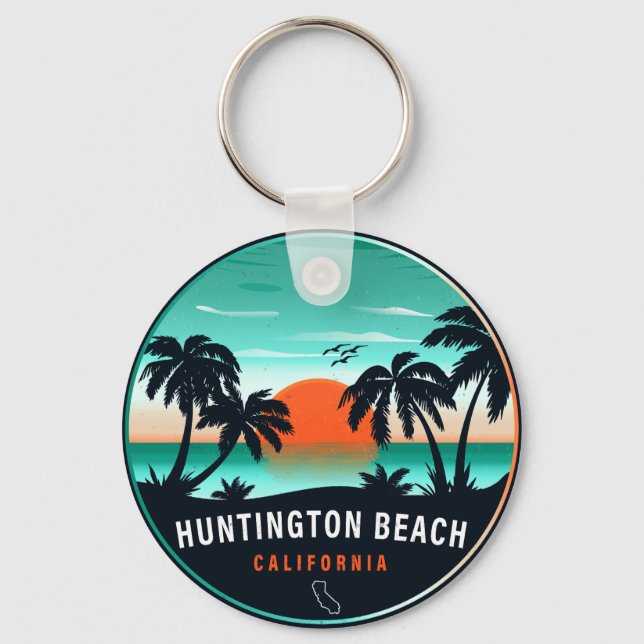 Huntington Beach California Retro Sunset Souvenirs Nyckelring (Framsida)