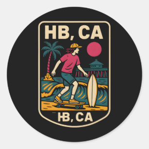 Huntington Beach Hb Ca Retro Herr Surfing Skateboa Runt Klistermärke
