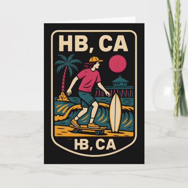 Huntington Beach Hb Ca Retro Mens Surfing Skateboa Kort (Framsida)
