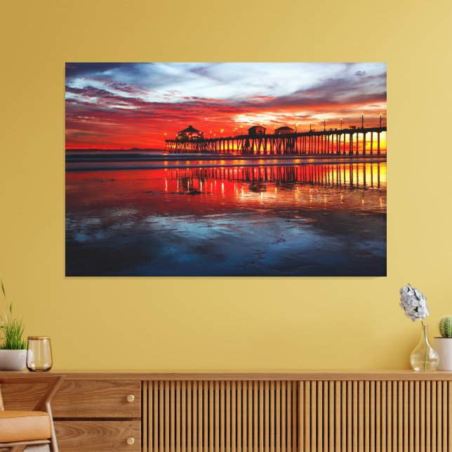 Huntington Beach Pier Solnedgångar (Canvas 152cm - Canvastryck (Insitu (Vardagsrum))