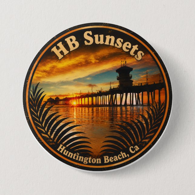 Huntington Beach Pier Solnedgångsknapp - John Mina Knapp (Framsida)