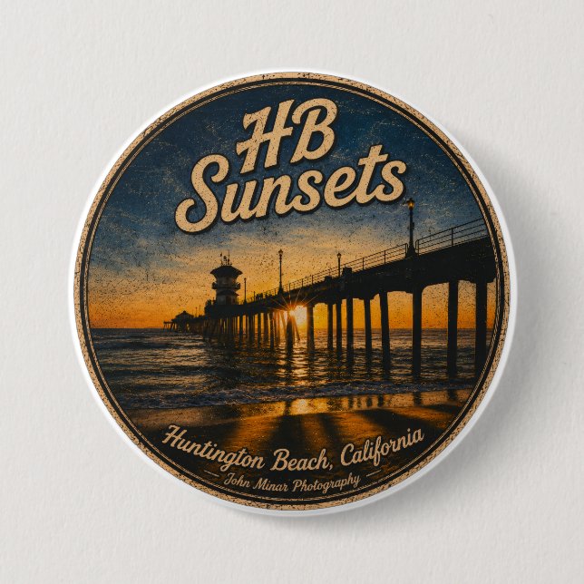 Huntington Beach Pier Solnedgångsknapp - John Mina Knapp (Framsida)