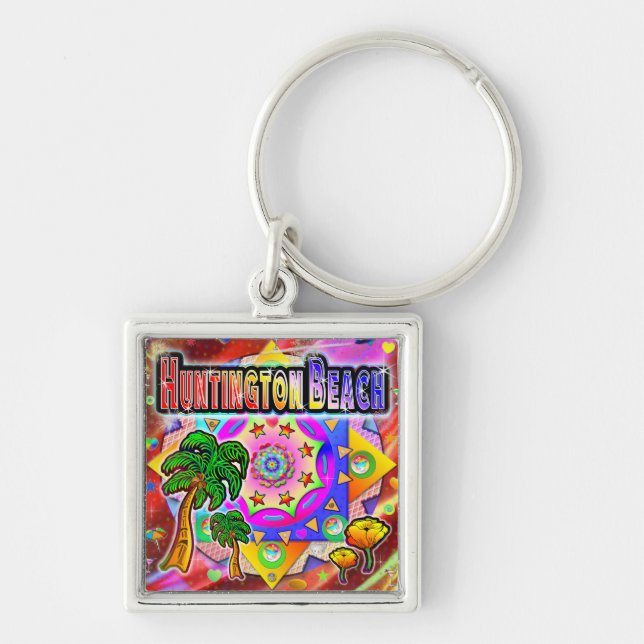 Huntington Beach Tropical Friends Keychain Fyrkantig Silverfärgad Nyckelring (Framsidan)
